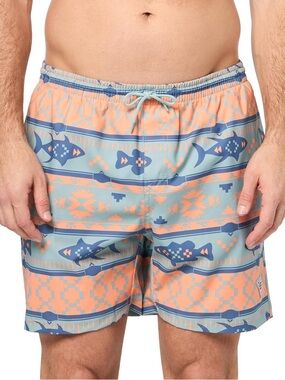 NWT Columbia Coral & Light Blue Geometric Fish Swim Trunks Sz S